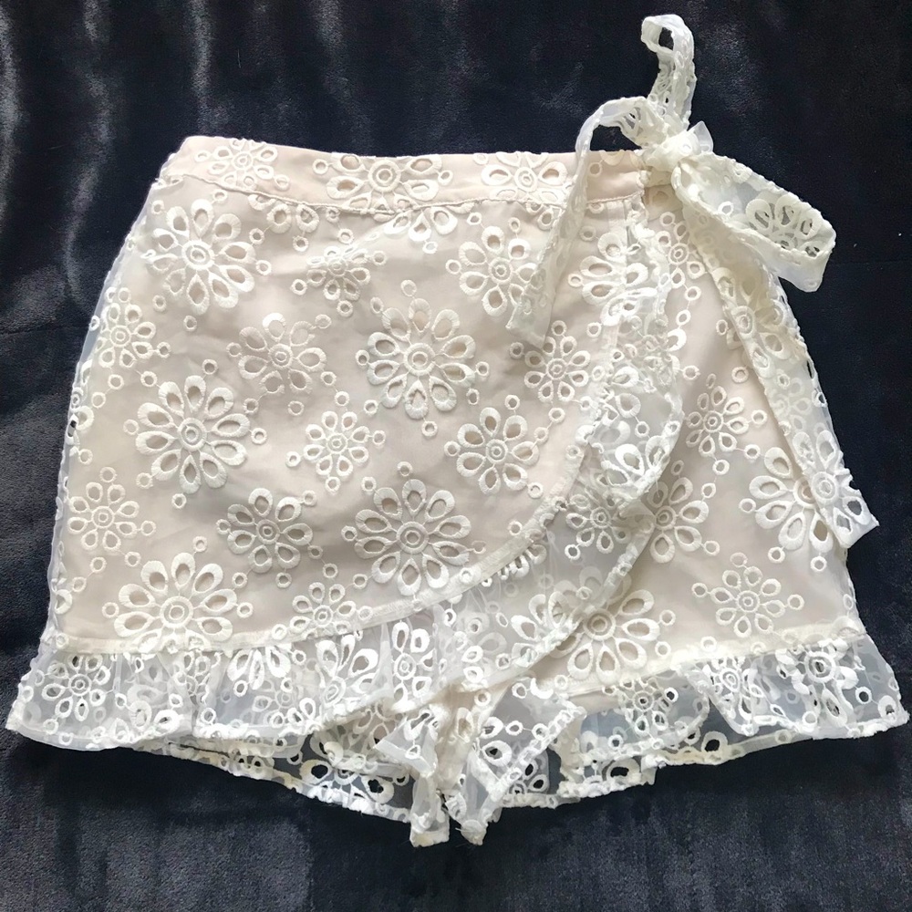 REVOLVE Lovers & Friends Faux Wrap Organza Shorts Cream